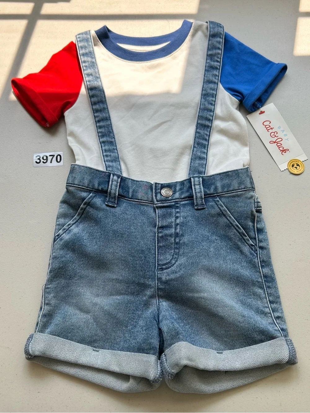 Cat & Jack 2-Piece Denim Overall Shorts & Colorblock T-Shirt Set 18 M
